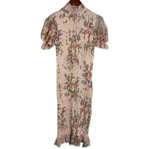 Hello Molly Floral Print Smocked High Neck Bodycon Pink Midi Dress 4 Small